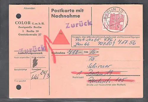 Berlin, EF. Mi.-Nr. 247 auf  Nachnahme-Postkarte.