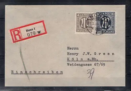 Bizone, AM Post Mi.-Nr. 34 a Cz  MiF. auf R-Fernbrief, Befund SchlegelBPP.