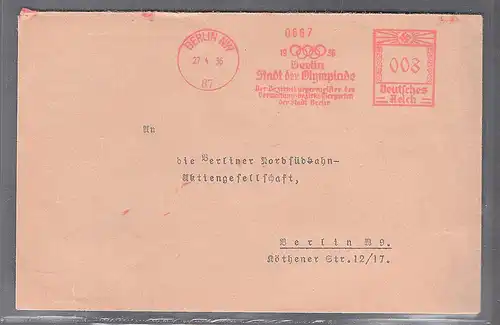 DR. Berlin 1936 "Berlin-Stadt der Olympiade 1936" Freistempel auf Ortsbrief