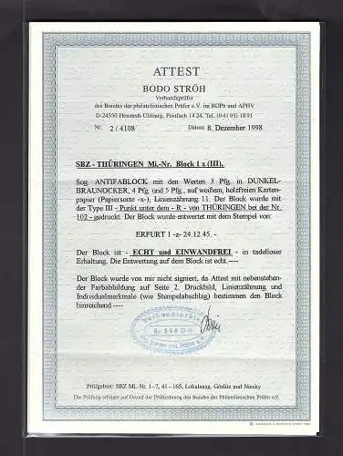 SBZ. Thüringen Mi-Nr. Block 1 Xa, gest. FA. StröhBPP.
