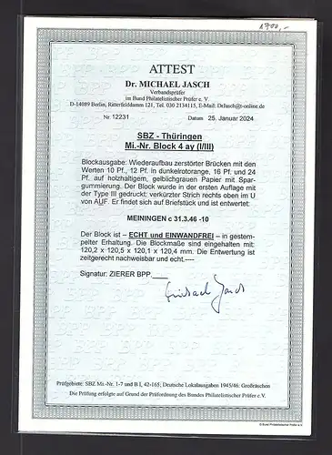 SBZ, Thüringen., Mi.-Nr. Block 4 ay auf Briefstück gestempelt, FA JaschBPP