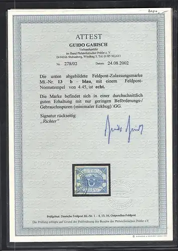 Dt. Feldpost II.Weltkrieg Mi.-Nr. 13 b Hela U-Bootmarke gestempelt, FA. Gabisch.
