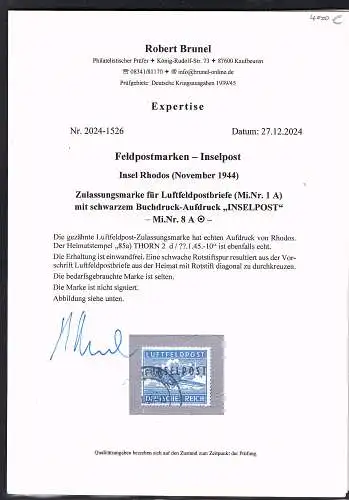 Dt. Feldpost II.Weltkrieg Mi.-Nr.1 A  Ausgabe von Rhodos gestempelt, FA. Brunel.