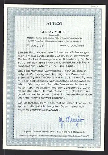 Dt. Feldpost II.Weltkrieg Mi.-Nr. 1 A  Ausgabe von Rhodos gestempelt, FA. Mogler