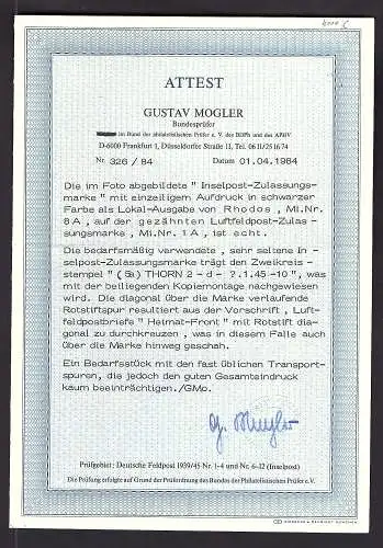 Dt. Feldpost II.Weltkrieg Mi.-Nr.1 A  Ausgabe von Rhodos gestempelt, FA. Brunel.