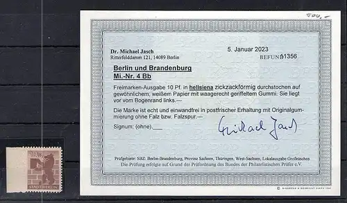 SBZ, Berlin und Brandenburg., Mi.-Nr. 4 Bb  postfrisch,  Befund Dr. JaschBPP.