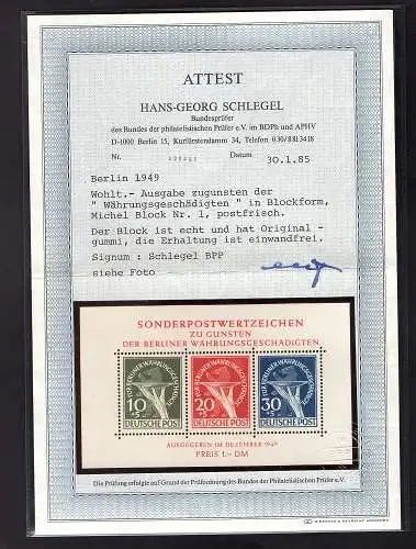 Berlin 1949, Wohlt.-Ausgabe, Mi.Block -Nr. 1, postfrisch, FA Schlegel.