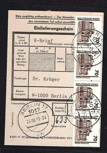 DDR.  Frankierte Einlieferungsschein mit Me.F. Mi.-Nr. 3348, VGO-Tarif.