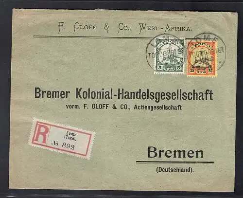 Deutsche Kolonie Togo R-Fernbrief  mit  MiF.  Mi.-Nr. 11 + 21