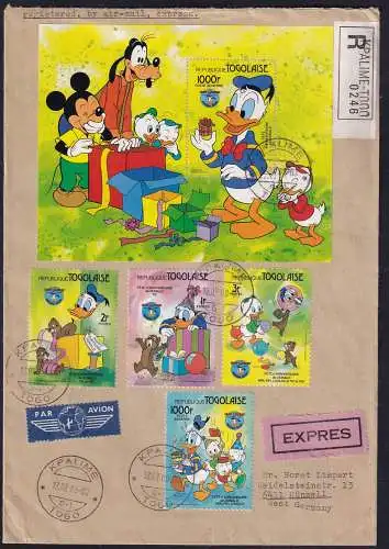 Donald Duck auf R-Ausland-Brief von Togo nach Deutschland gelaufen, mit Ak-St,