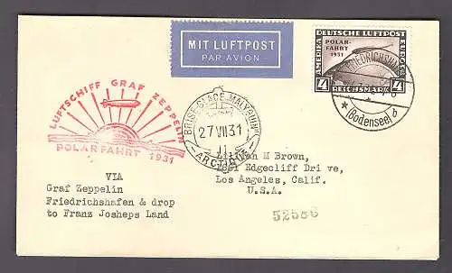 Zeppelin-Brief, Polarfahrt 1931,EF. Mi.-Nr. 458  nach USA.