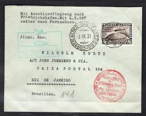 Zeppelin-Brief,  mit EF. Mi.-Nr. 458 nach Brasilien.