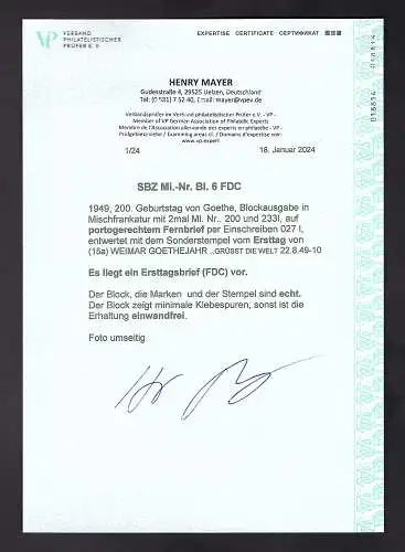 SBZ., Mi.-Nr. Block 6 u.a. auf  portorichtige FDC , FA. Mayer.