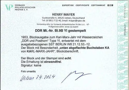 DDR. Block 9 B YI  gestempelt mit Plattenfehler Befund Mayer.
