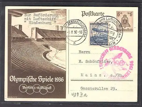 Zeppelin-Karte, Olympiafahrt  1936 mit Olympia Ganzsache P259 + 606