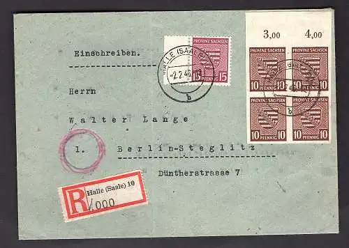 SBZ. Provinz Sachsen, R-fernbrief mit MiF. Mi.-Nr. 72 OR. + 80 Ya.