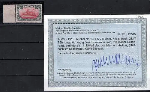 Deutsche Kolonie Togo 1919 Mi.-Nr. 23 II A  postfrisch, Befund Jäschke-L.BPP.