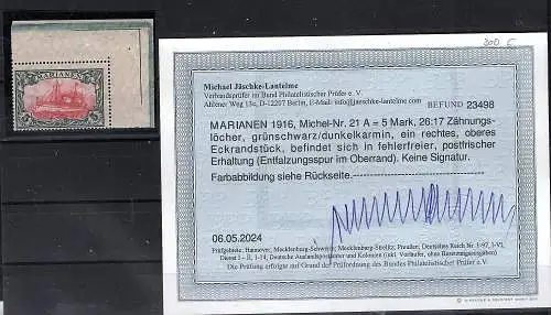 Deutsche Kolonie  Marianen. 1916 Mi.-Nr. 21 A  postfrisch, Befund Jäschke-L.BPP.