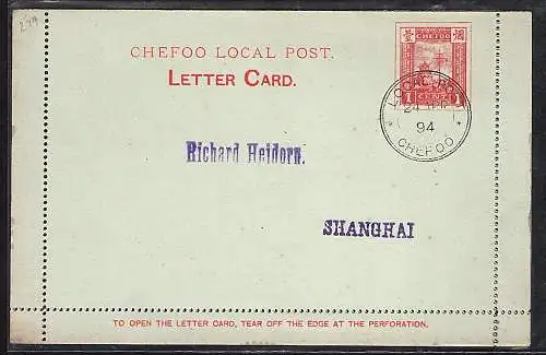 China Chefoo Local Post, Karten-brief gestempelt.