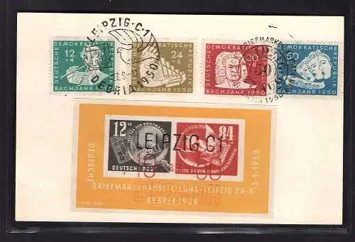 DDR. Mi.-Nr. 256-259 + Block 7 auf Karte gestempelt DEBRIA Leipzig 27.8.50.