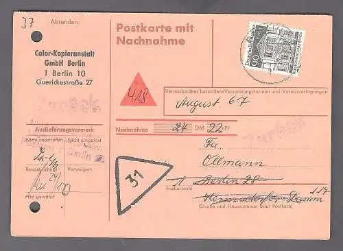 Berlin, EF. Mi.-Nr. 281 auf  Nachnahme-Postkarte.