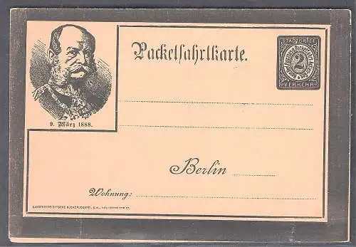 Privatpost, Packetfahrtkarte, Berlin 9 März 1888, 2 Pfg. Schwarz, ungebraucht