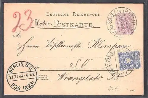 DR. Rohrpost Ganzsache-Karte + ZuF. Berlin 1888  gelaufen