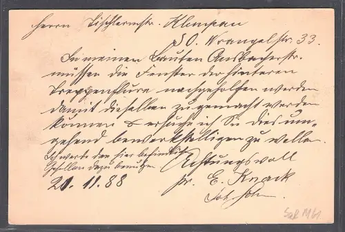 DR. Rohrpost Ganzsache-Karte + ZuF. Berlin 1888  gelaufen