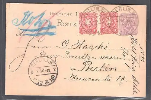 DR. Rohrpost Ganzsache-Karte + ZuF. Berlin 1886  gelaufen