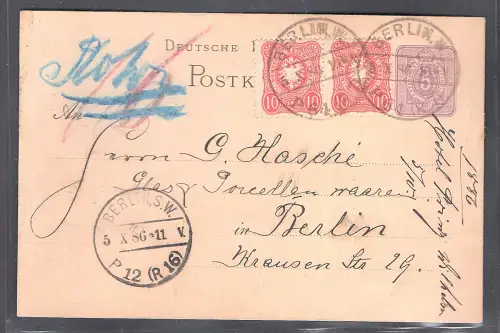 DR. Rohrpost Ganzsache-Karte + ZuF. Berlin 1886  gelaufen