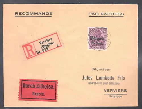 Dt. Besetzung 1. WK. Belgien R.-Eilbote Ortsbrief mit EF. Mi.-Nr. 21 