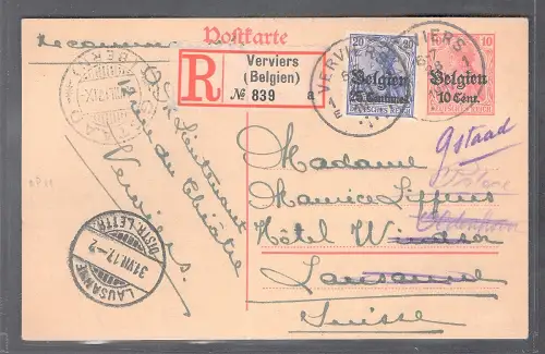 Dt. Besetzung 1. WK. Belgien Ganzsache P11 +4I als R-Karte gelaufen