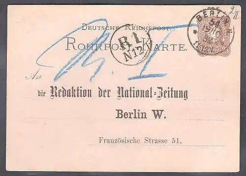 DR. Rohrpost Ganzsache mit Zudruck von1882 gelaufen.