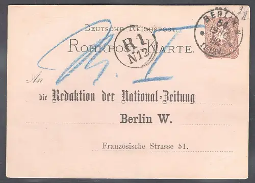 DR. Rohrpost Ganzsache mit Zudruck von1882 gelaufen.