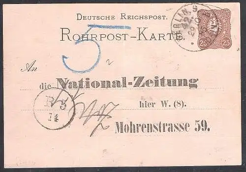 DR. Rohrpost Ganzsache mit Zudruck von1885 gelaufen.