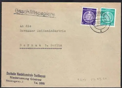 DDR. Dienstbrief mit MiF. Mi.-Nr.  2+ 4 von 07.09.54