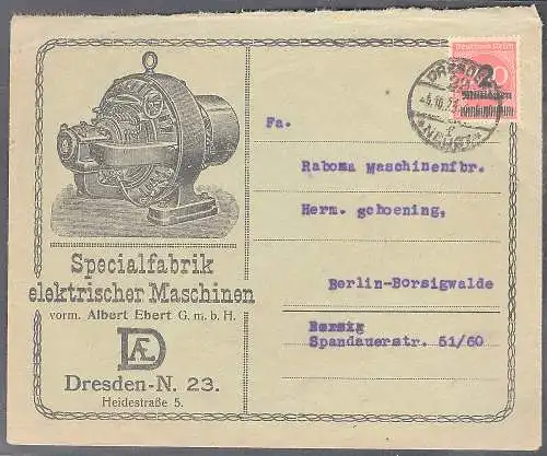 DR. Reklamebrief Specialfabrik elek. Maschinen A. Ebert, Dresden.