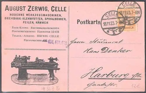 DR. Reklamekarte moderne Werkzeugmaschinen A. Zerwig, Celle.mit EF. Mi.-Nr. 327B