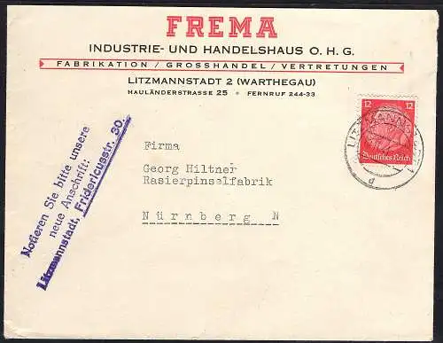 DR. Reklamebrief Industrie- und Handelhaus FREMA, Litzmannstadt.