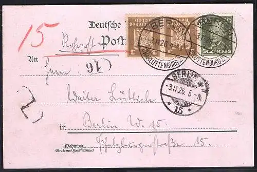 DR., Rohrpost Karte von Berlin Charlottenburg nach Berlin W 15 1926 gelaufen