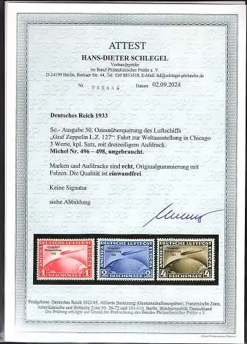 DR. Mi.-Nr. 496-498, Chicagofahrt, ungebraucht, mit Erstfalz, FA. SchlegelBPP.