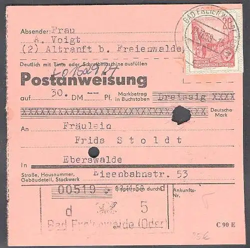 DDR. Postanweisung mit MeF. Ganzsachenauschnitt.