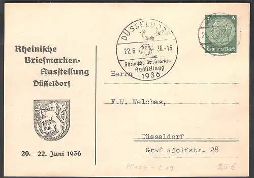 DR. Privat-Ganzsache, PP 127- C19 Rheinische Briefmarken-Ausstellung gelaufen.