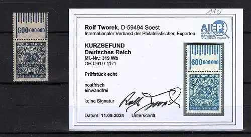 DR., Mi.-Nr. 319 Wb OR. 0´6´0/1´5´1 postfrisch. KB. Tworek.