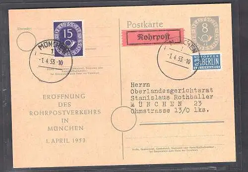 Bund  Posthorn Ganzsache mit Zudruck  Eröffnung Rohrpostverkehr München 1953 