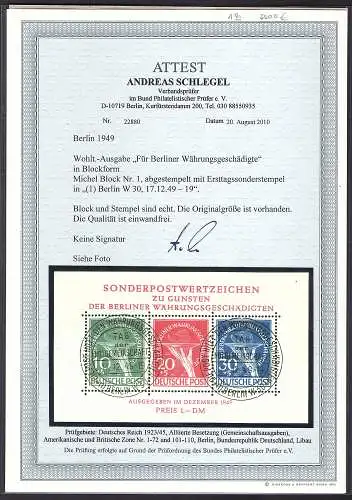 Berlin 1949, Blockausgabe, Mi-Nr. Block 1 PF. III, gest. mit ESSt, FA Schlegel.