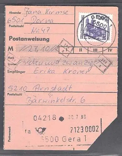 DDR.  Postanweisung mit EF. Mi.-Nr. 3351 VGO-Tarif.