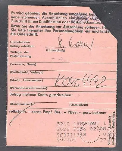 DDR.  Postanweisung mit EF. Mi.-Nr. 3351 VGO-Tarif.