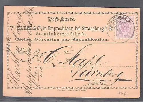 DR. Reklamekarte Kerzenfabrik Haehl & Cie Ruprechtsau 1883 mit EF. Mi.-Nr. 83