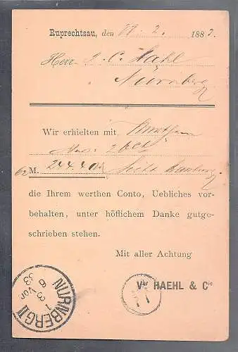 DR. Reklamekarte Kerzenfabrik Haehl & Cie Ruprechtsau 1883 mit EF. Mi.-Nr. 83